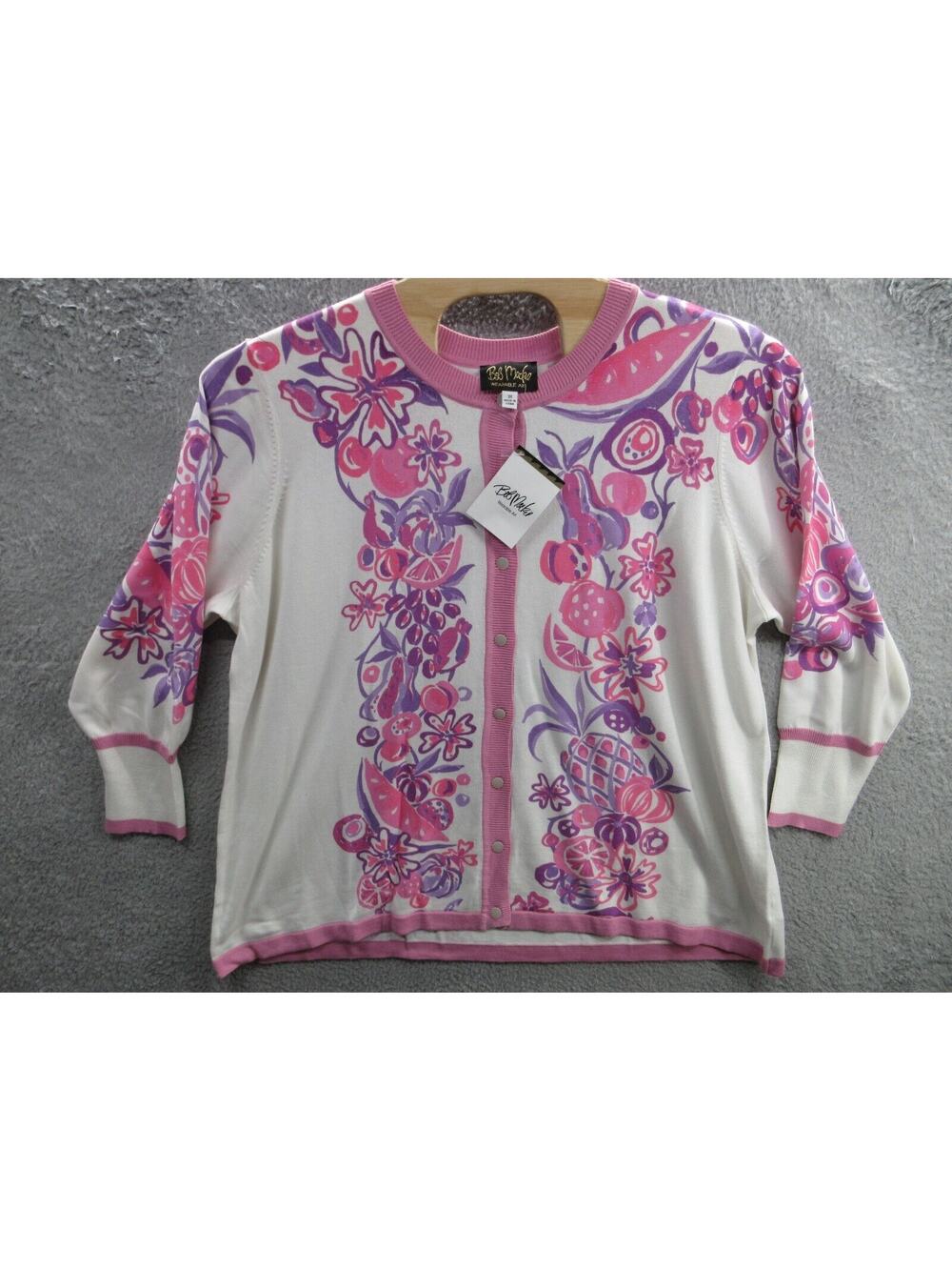 NWT Bob Mackie Wearable Art Floral Cardigan Pink White Button Women's 3X
